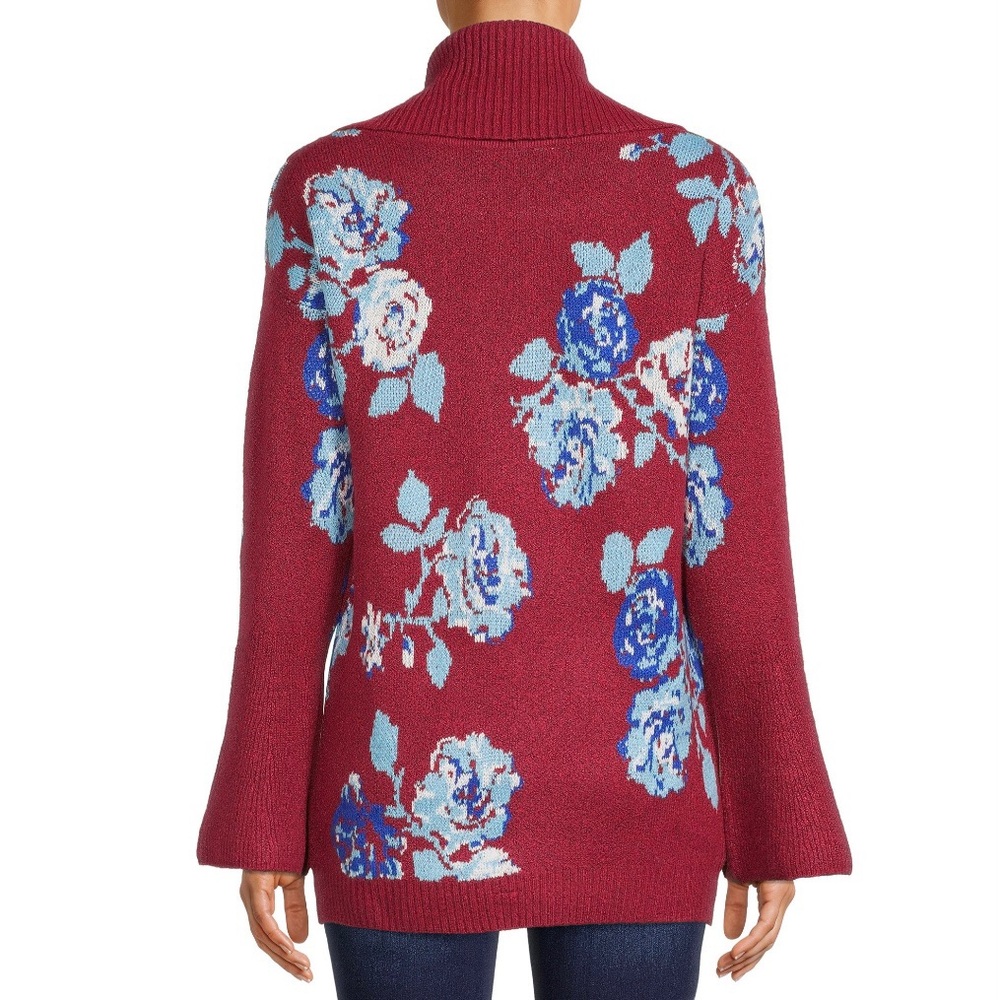 Floral Red with blue flowers Cowl Neck Sweater by The Pioneer Woman Host Pick - Picture 2 of 2
